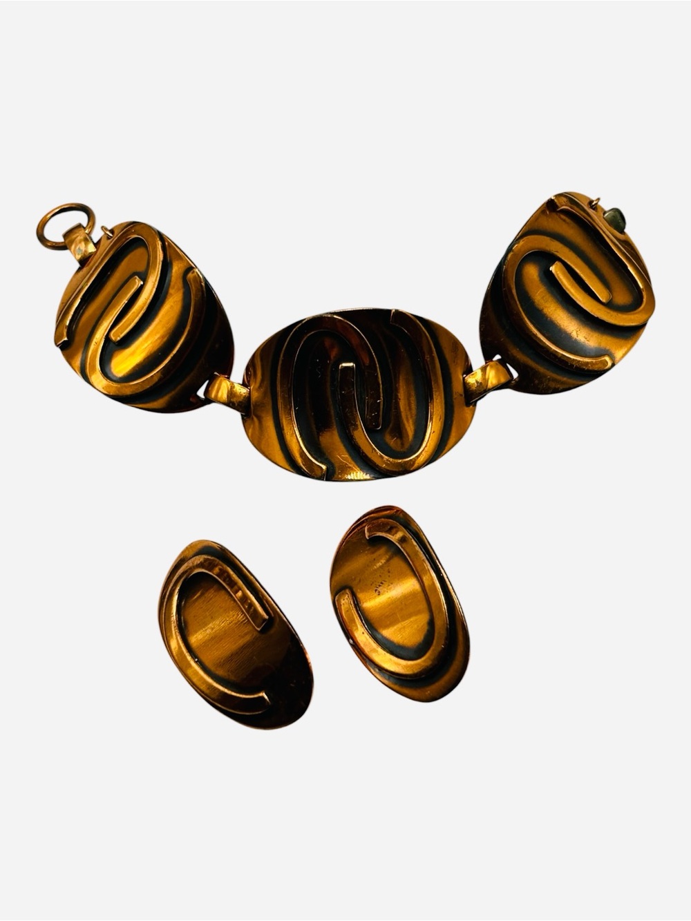 Vintage Copper Double Horseshoe Bracelet Clip Earring Set